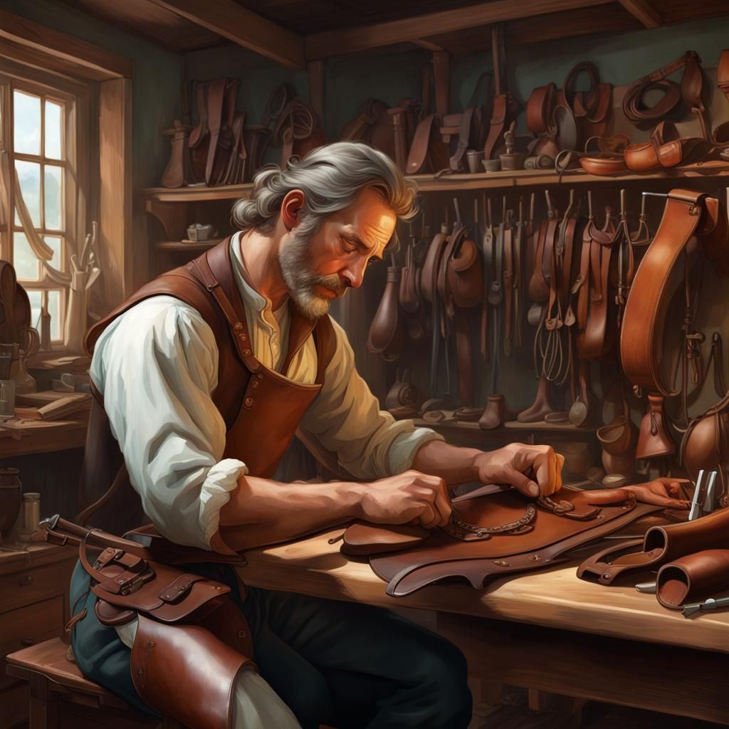 Saddle Maker at Workbench, 1700s Style