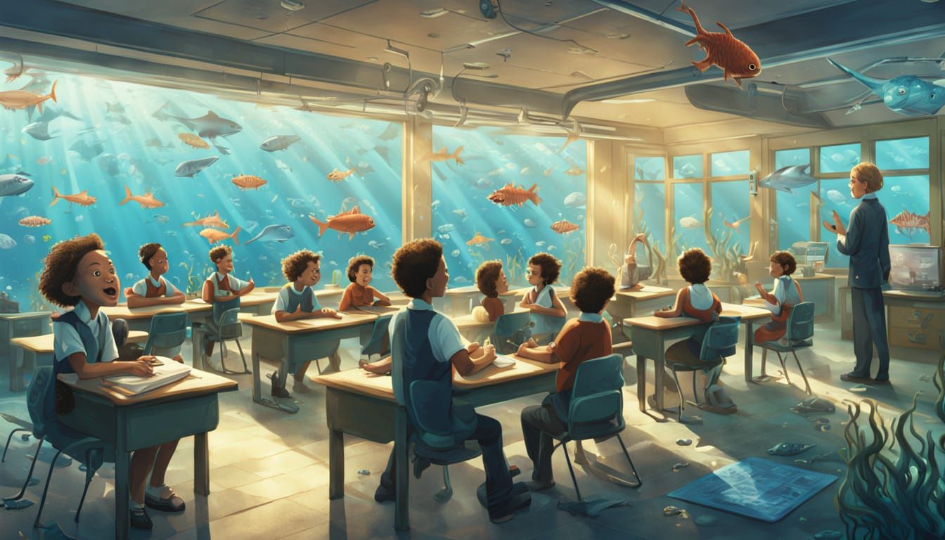 Underwater Classroom Scene with Gilled Children