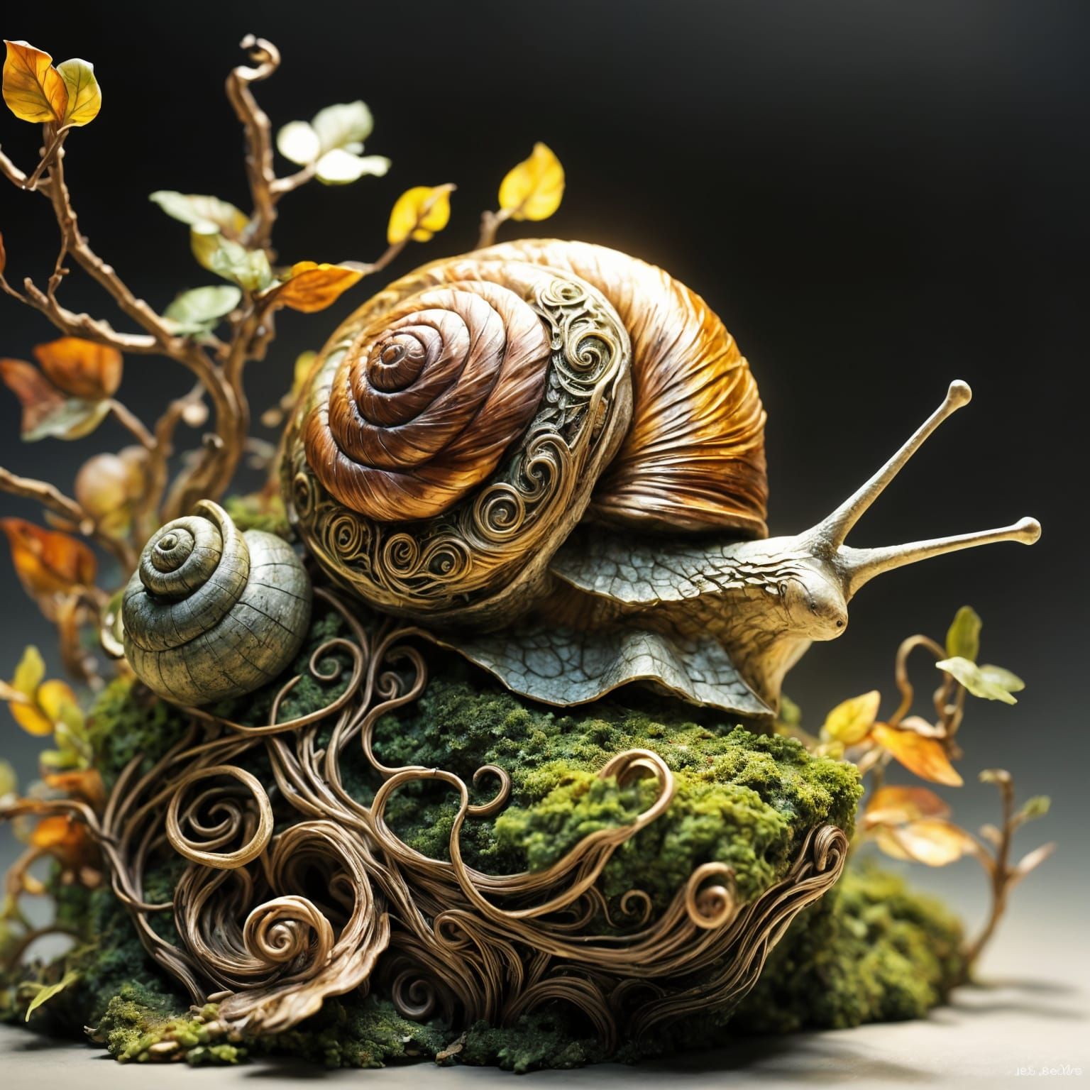 Intricate Ivory and Gold Snail Sculpture