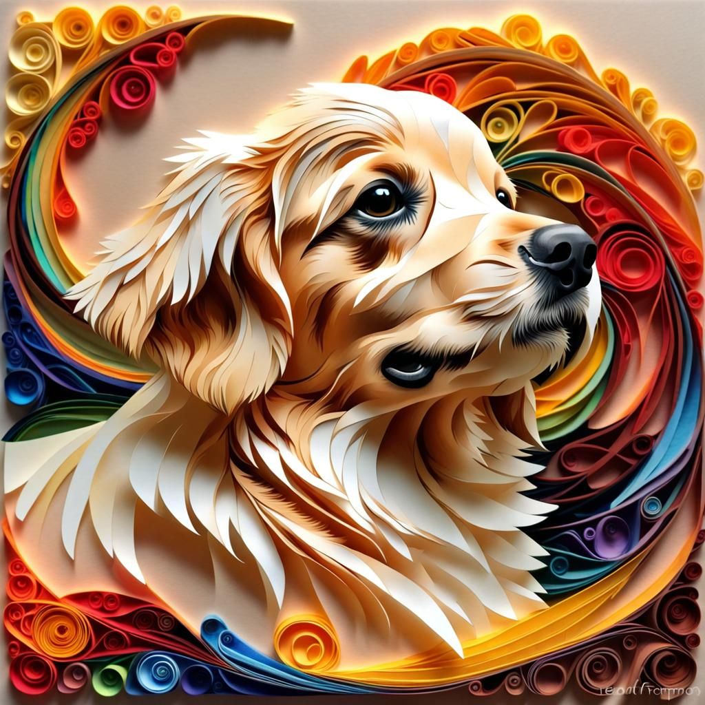 Fractal design, paper layering and quilling technique of a Golden Retriever puppy, but Howard Pyle and leonid Afremov
