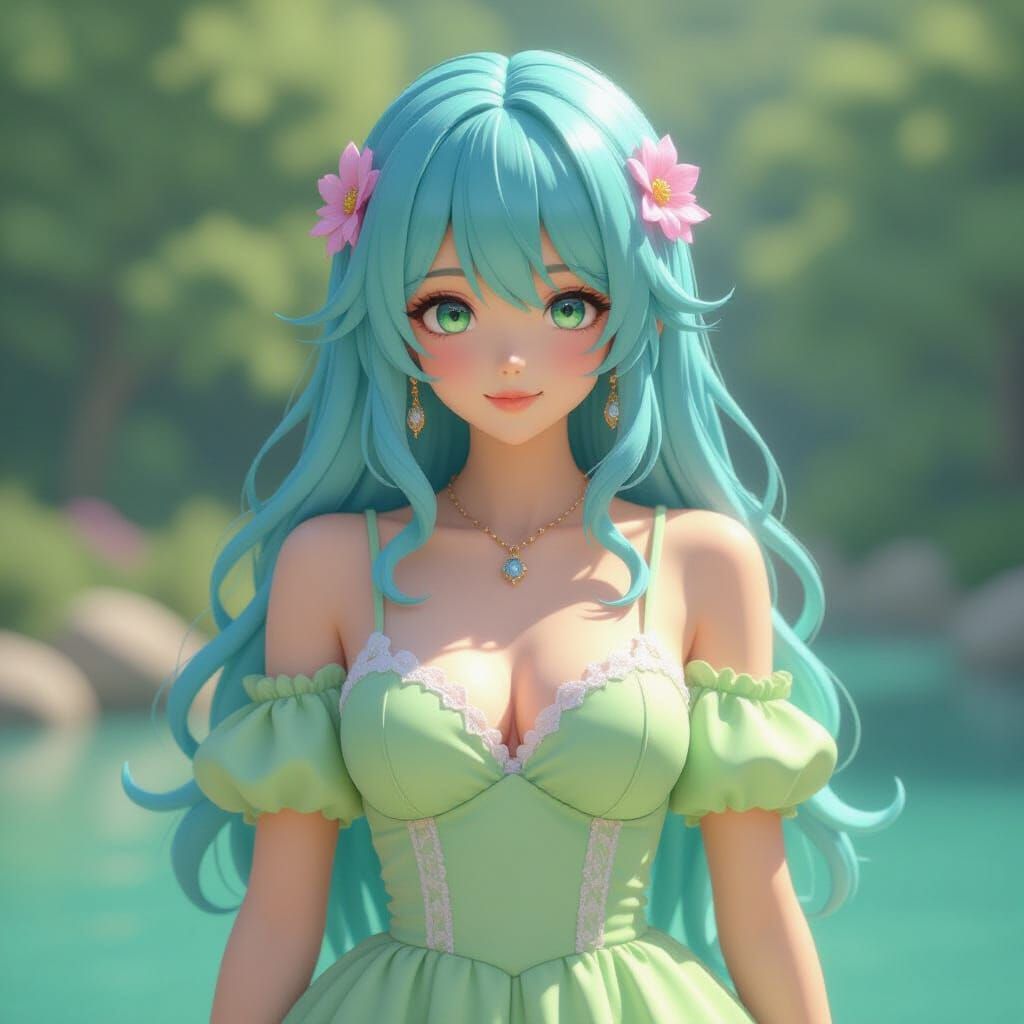 Anime Woman with Vibrant Hair in Serene Setting