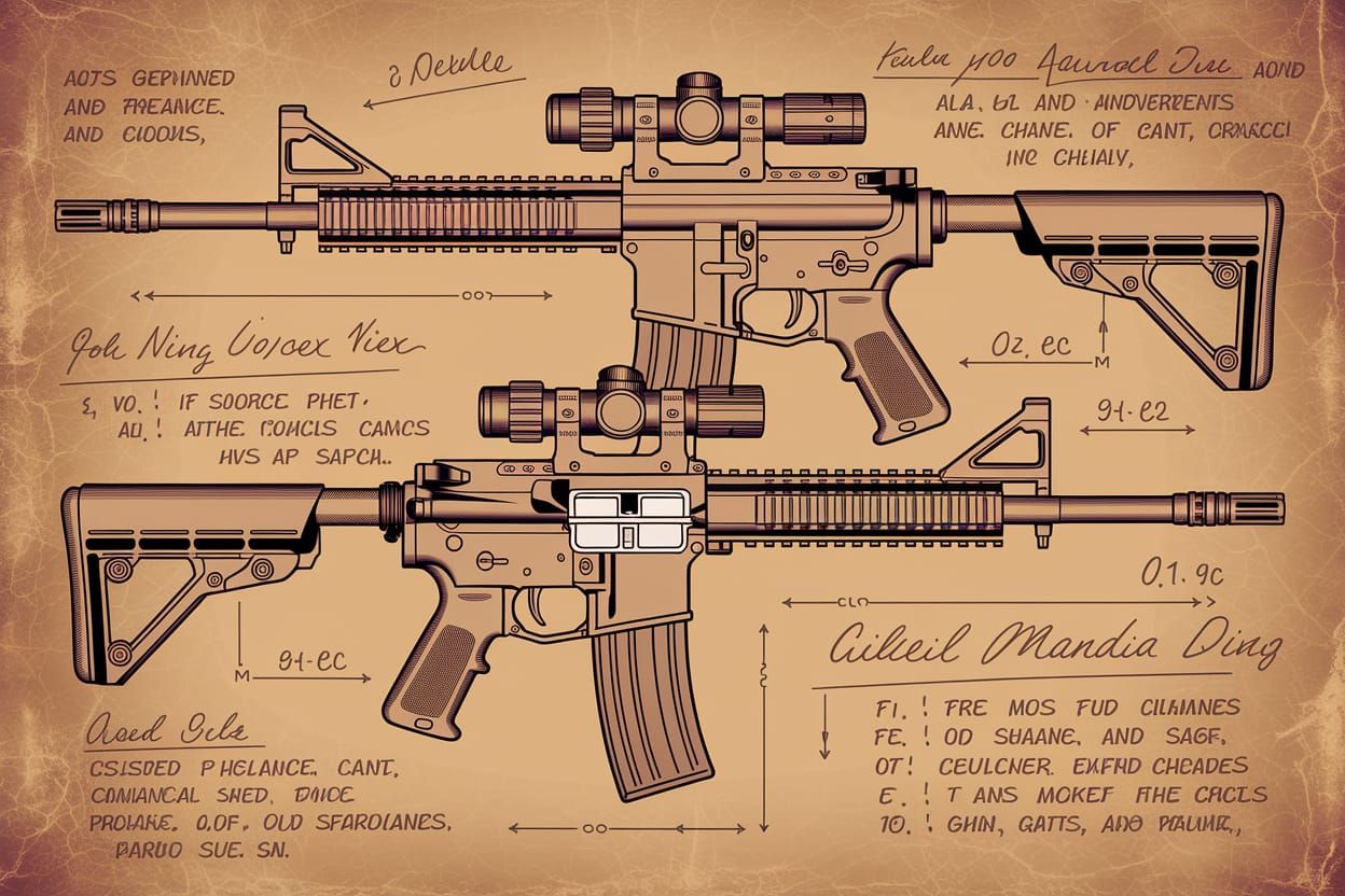 M16A2 Rifle: Vintage Technical Drawing on Old Paper