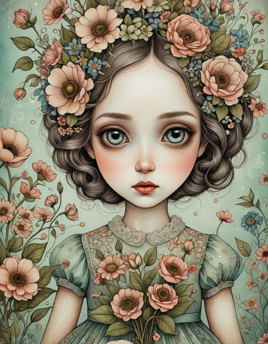 Whimsical Girl with Flowers in Ethereal Lighting