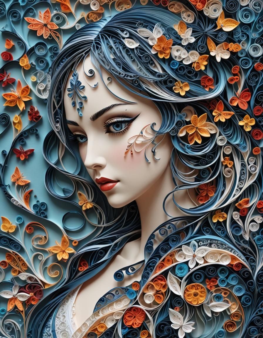 Blue Paper Filigree Portrait of Sad Woman