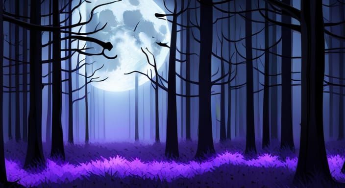 Eerie Purple Forest with Spectral Lights and Moon