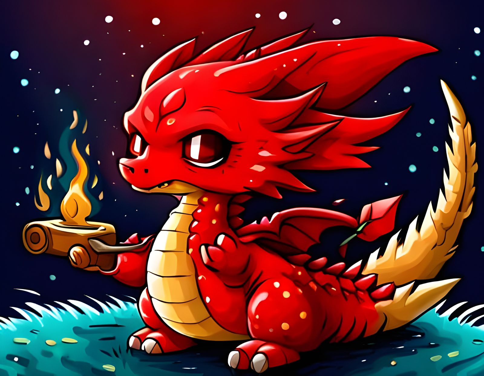 Chibi Red Dragon Blowing Fire in Ghibli Style