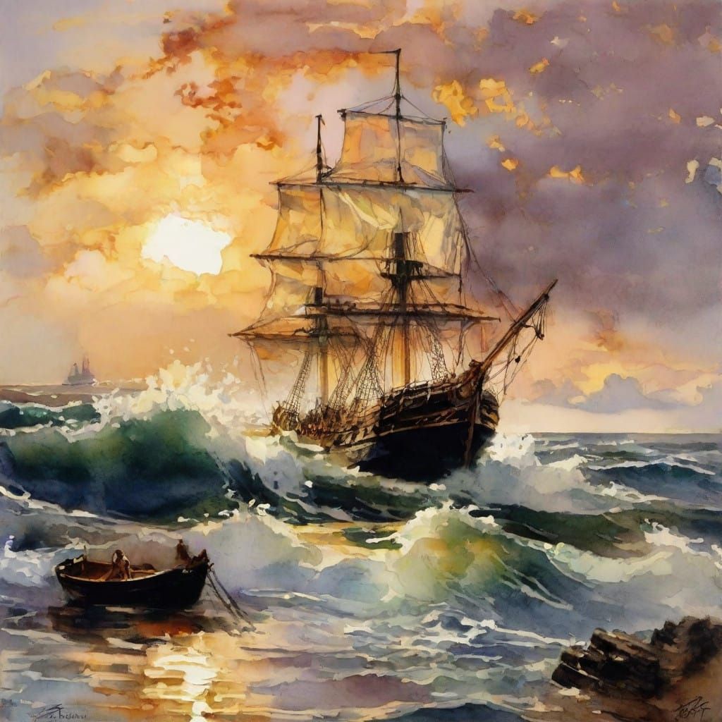 Timeless Maritime Reverie: Weathered Brigantine Ship at Suns...