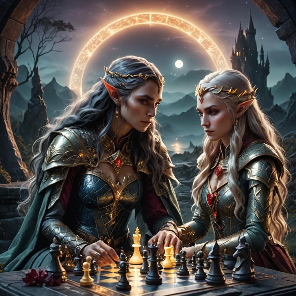 Elven Goddesses Play Chess in Mystic Landscape