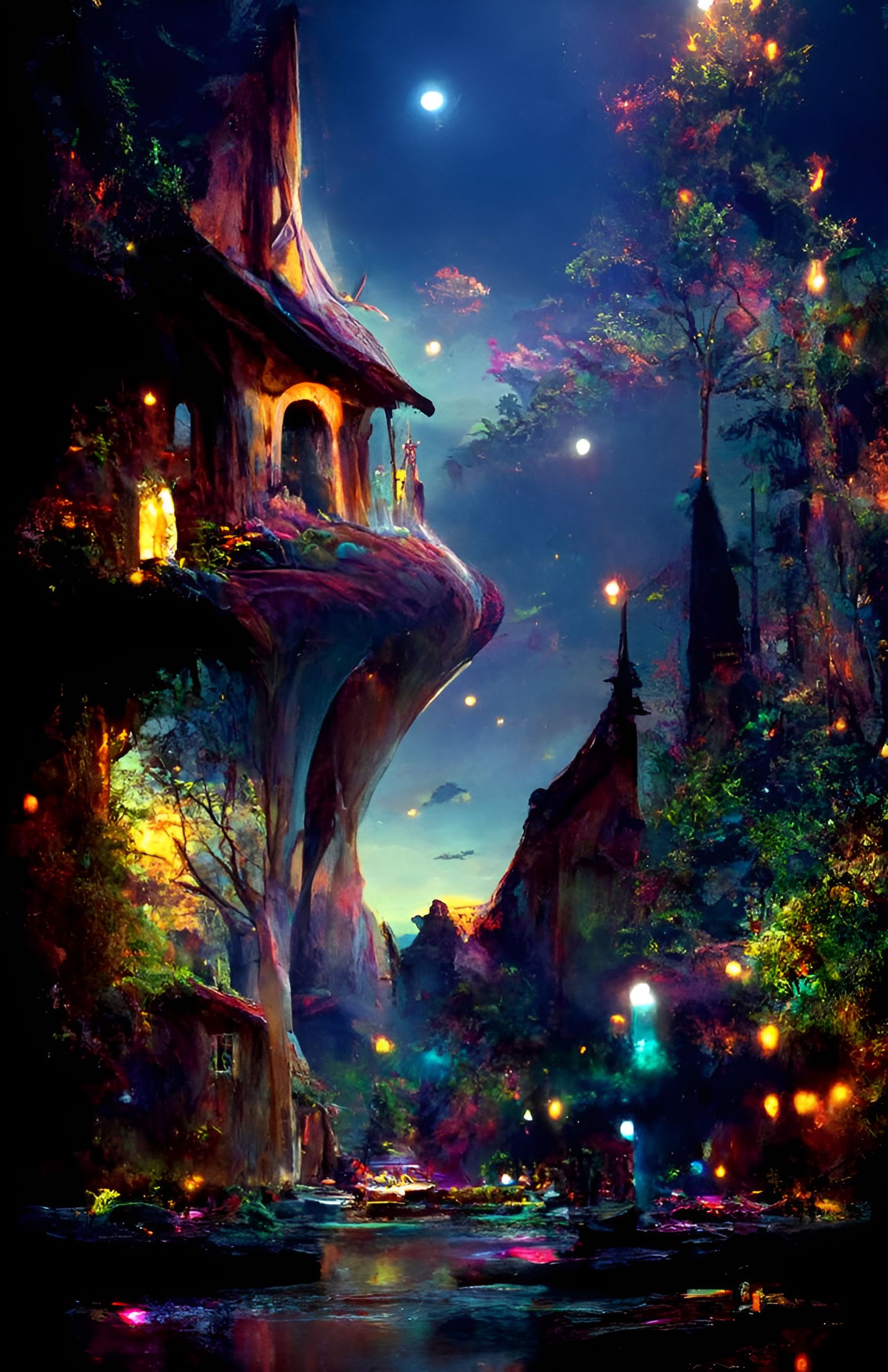 Magic Night Fantasy Scene in Neon Style