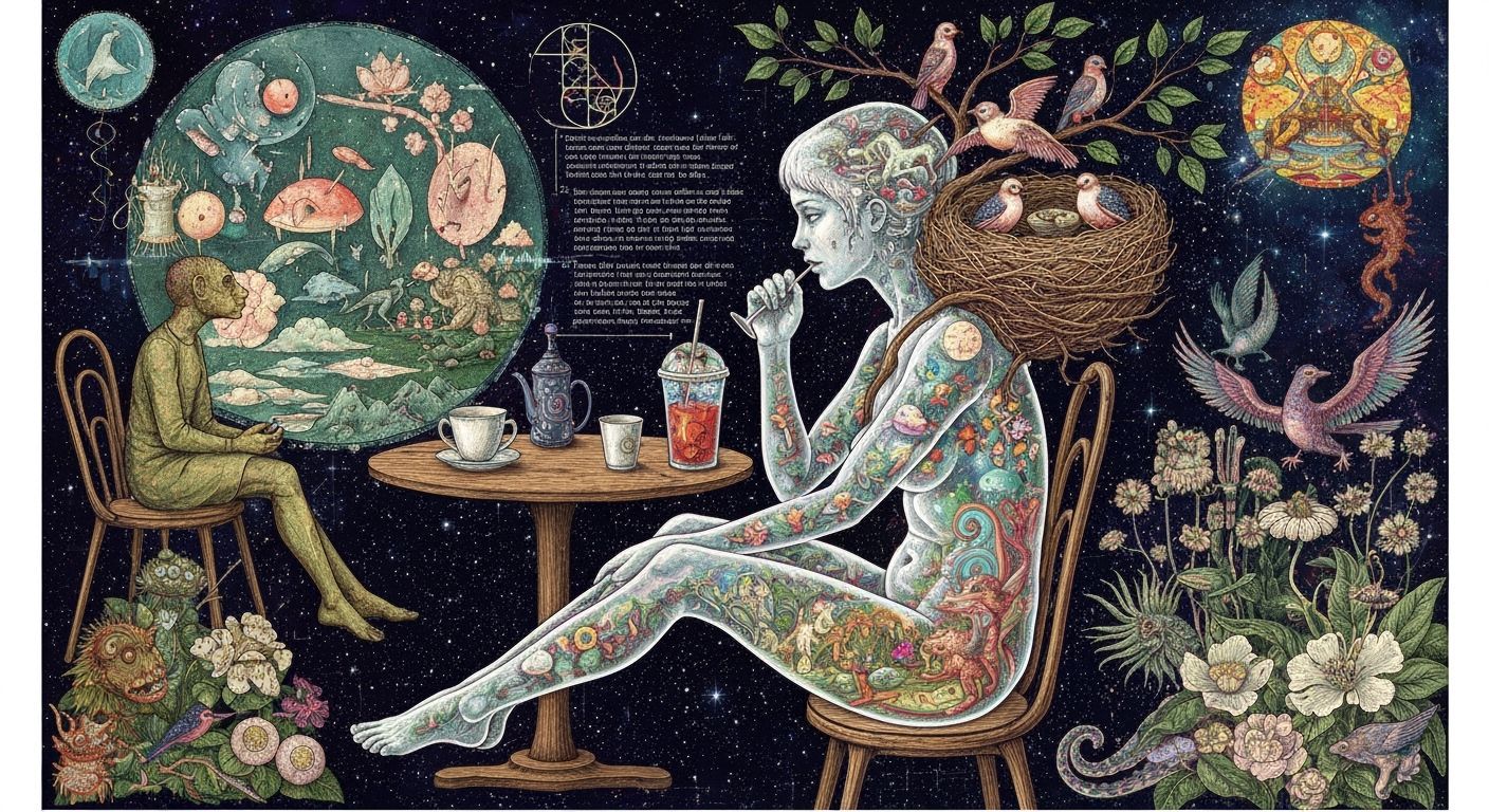 Surreal Galaxy Cafe with Bizarre Creatures in Maximalist Sty...