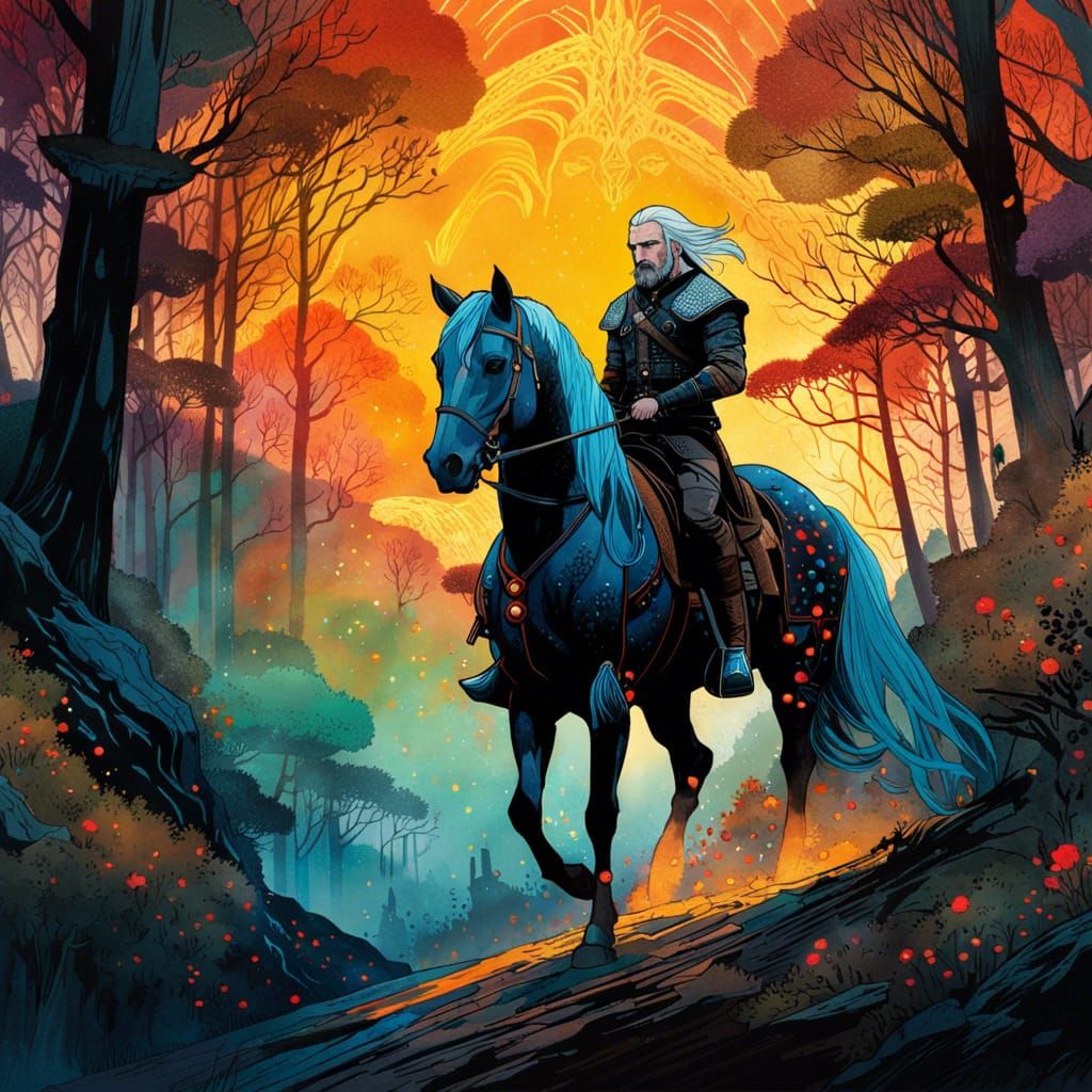 Witcher on Horseback in Luminous Watercolor Forest