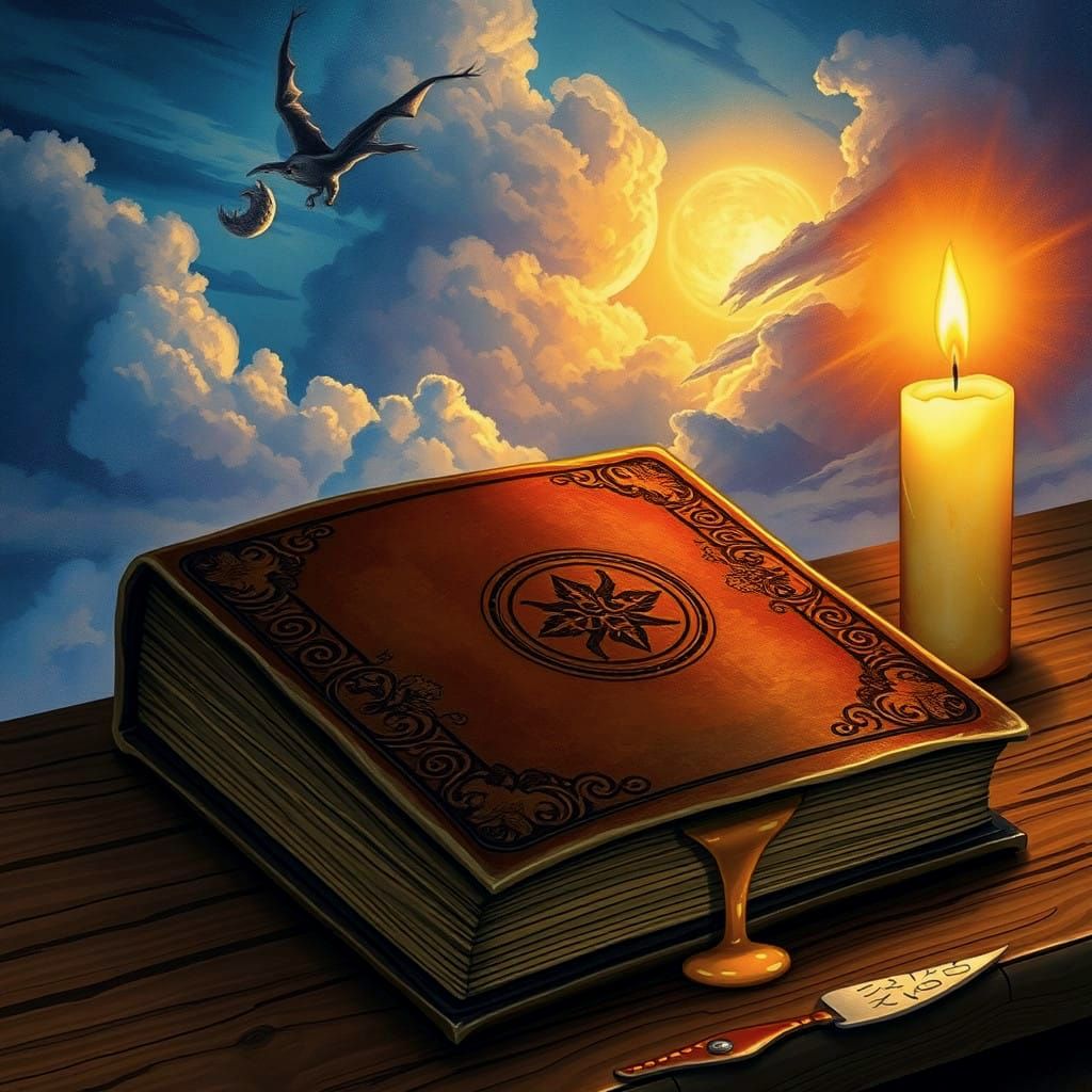 Whimsical Leather Book Illuminated by Soft Candlelight