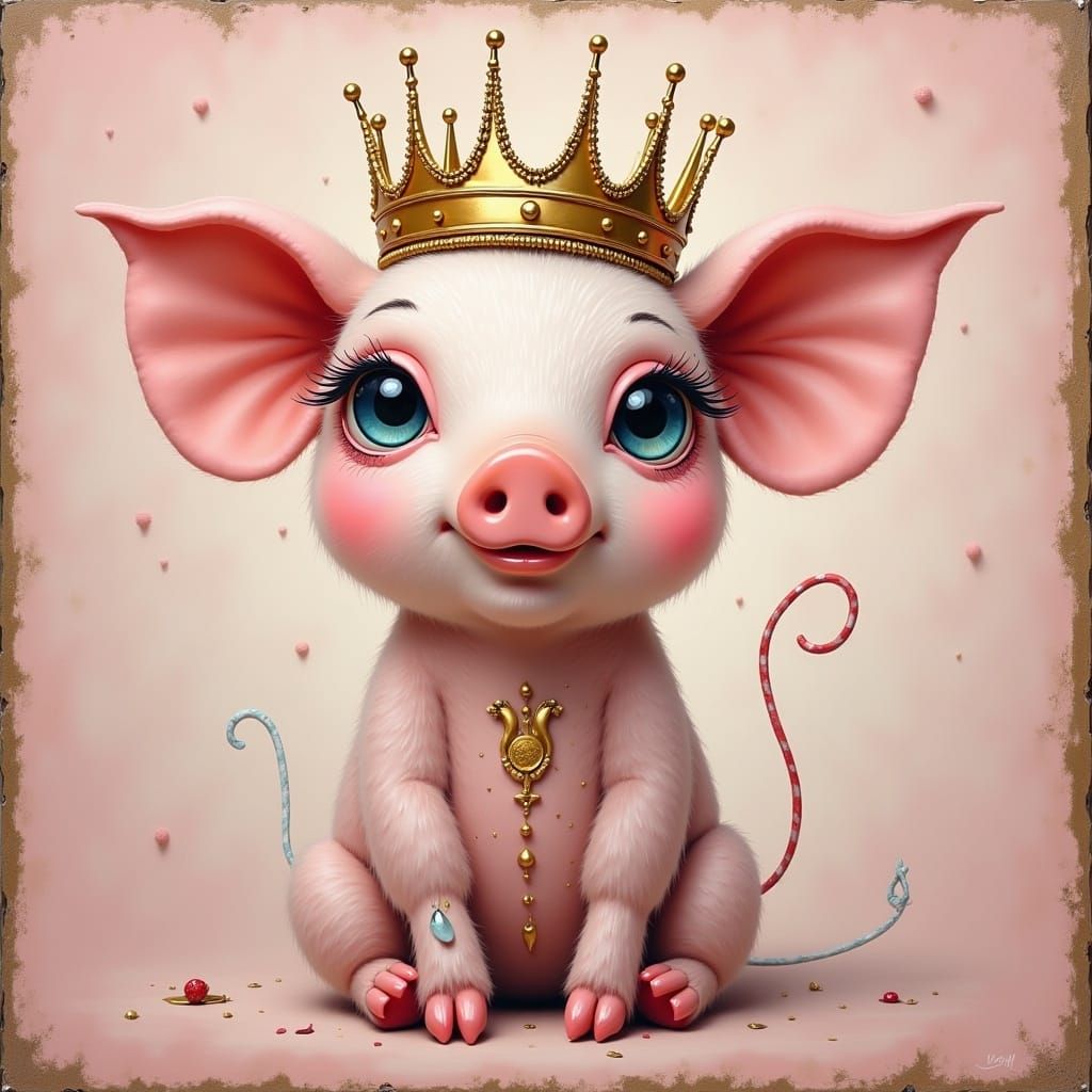 Whimsical Pig with Crown in Surreal Style