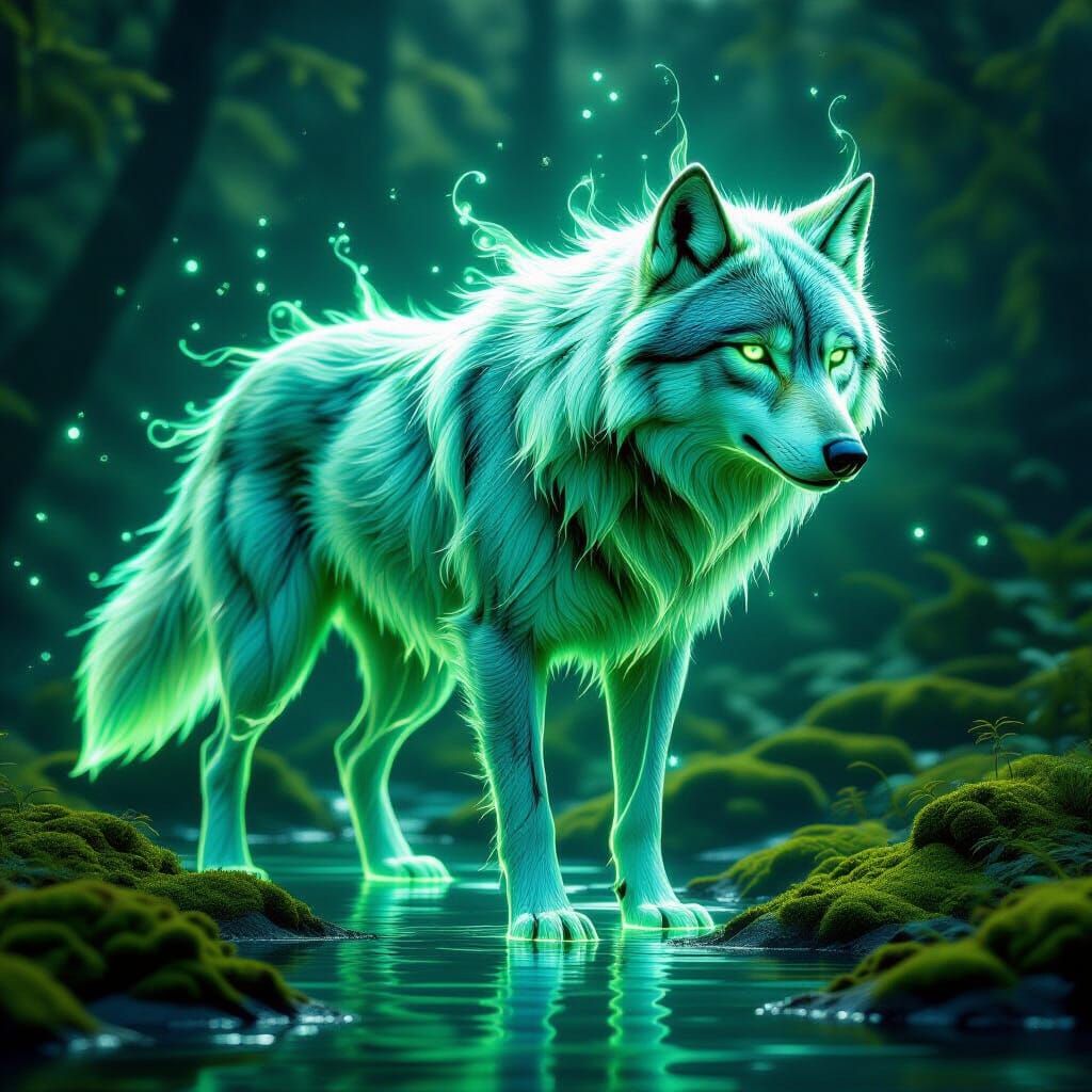 Bioluminescent Moss Water Wolf in Surreal Digital Art Style