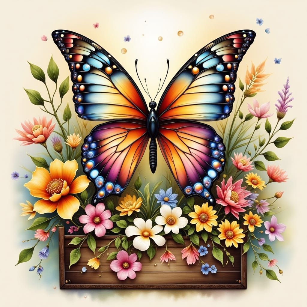 Surreal Stained Glass Butterfly in Whimsical Botanical Style