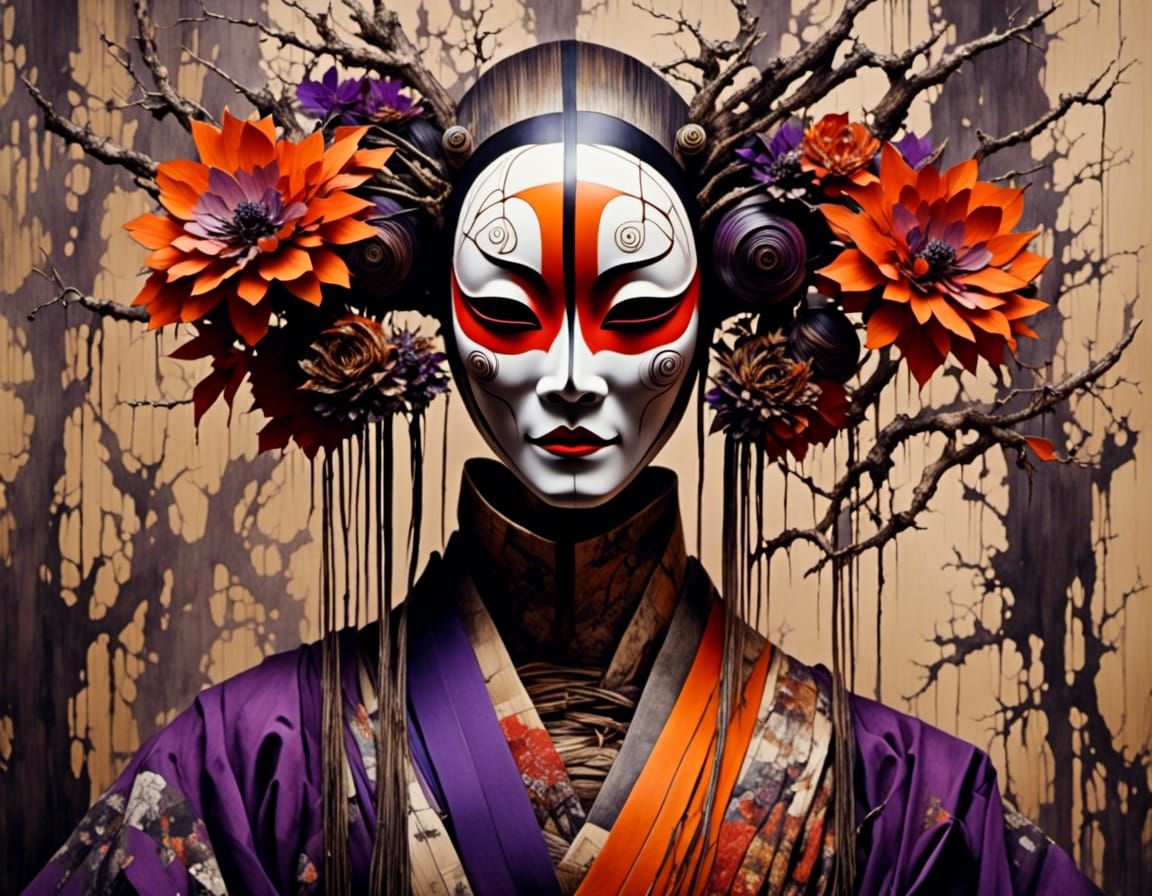 Kabuki Mask and Kimono in Bright, Contrasted Colors
