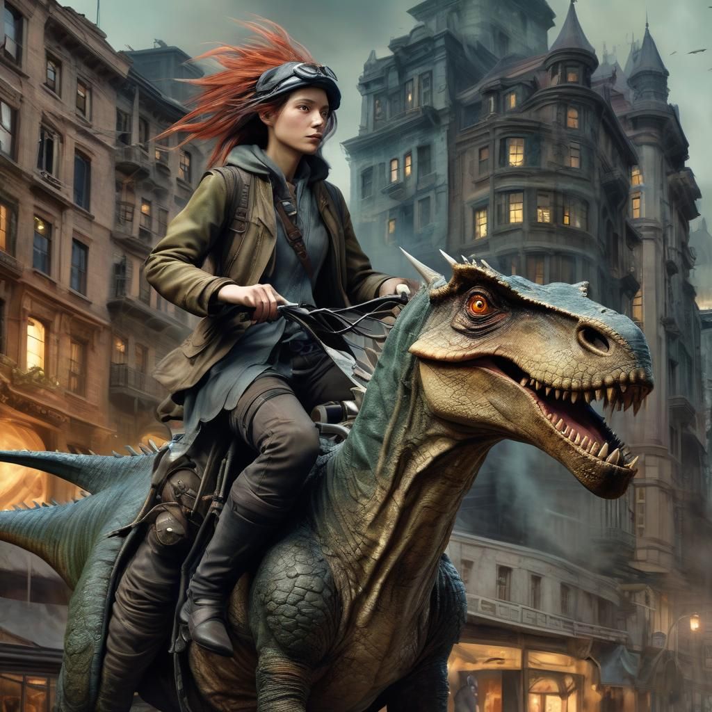 Dinosaur Rider in Dystopian City, Digital Illustration