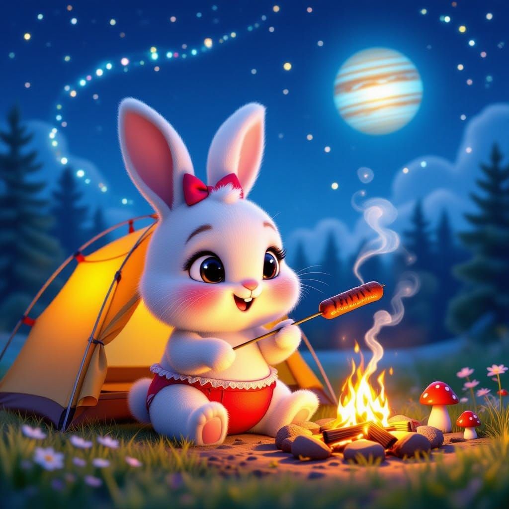 Adorable Bunny Grills Sausage Under Starry Night Sky