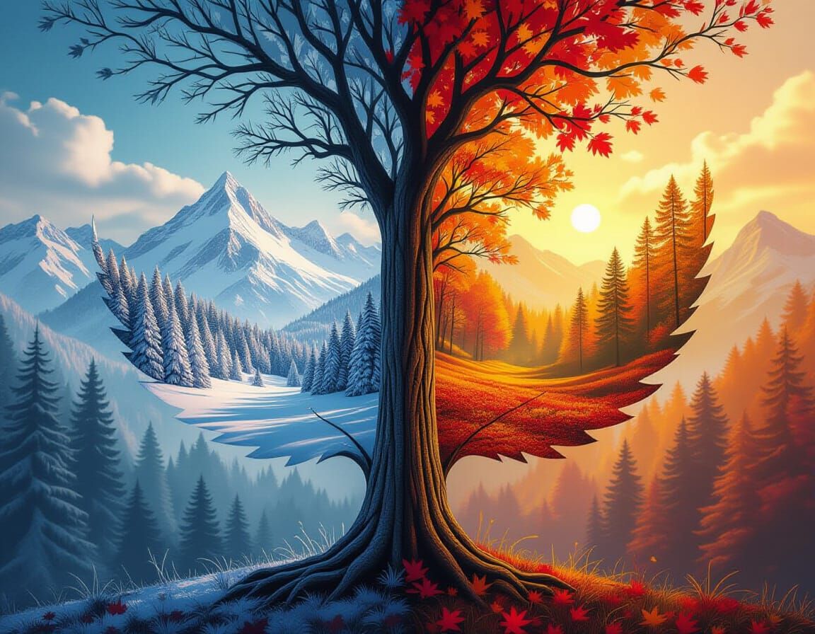 Tree of Contrasting Seasons: Winter and Autumn Leaves