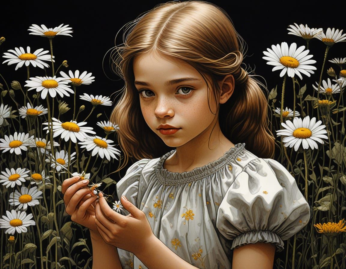 Surreal Girl with Daisies in Peter de Seve Style