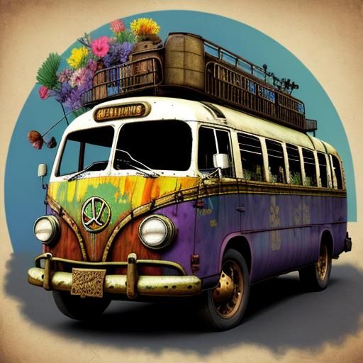 Steampunk Hippie Bus to Woodstock: Detailed Matte Painting
