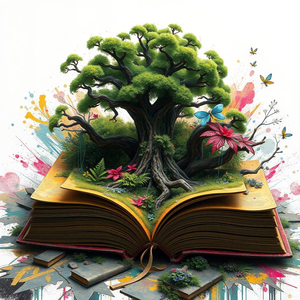 Fantastical Pop-Up Book Forest in Mixed-Media Style