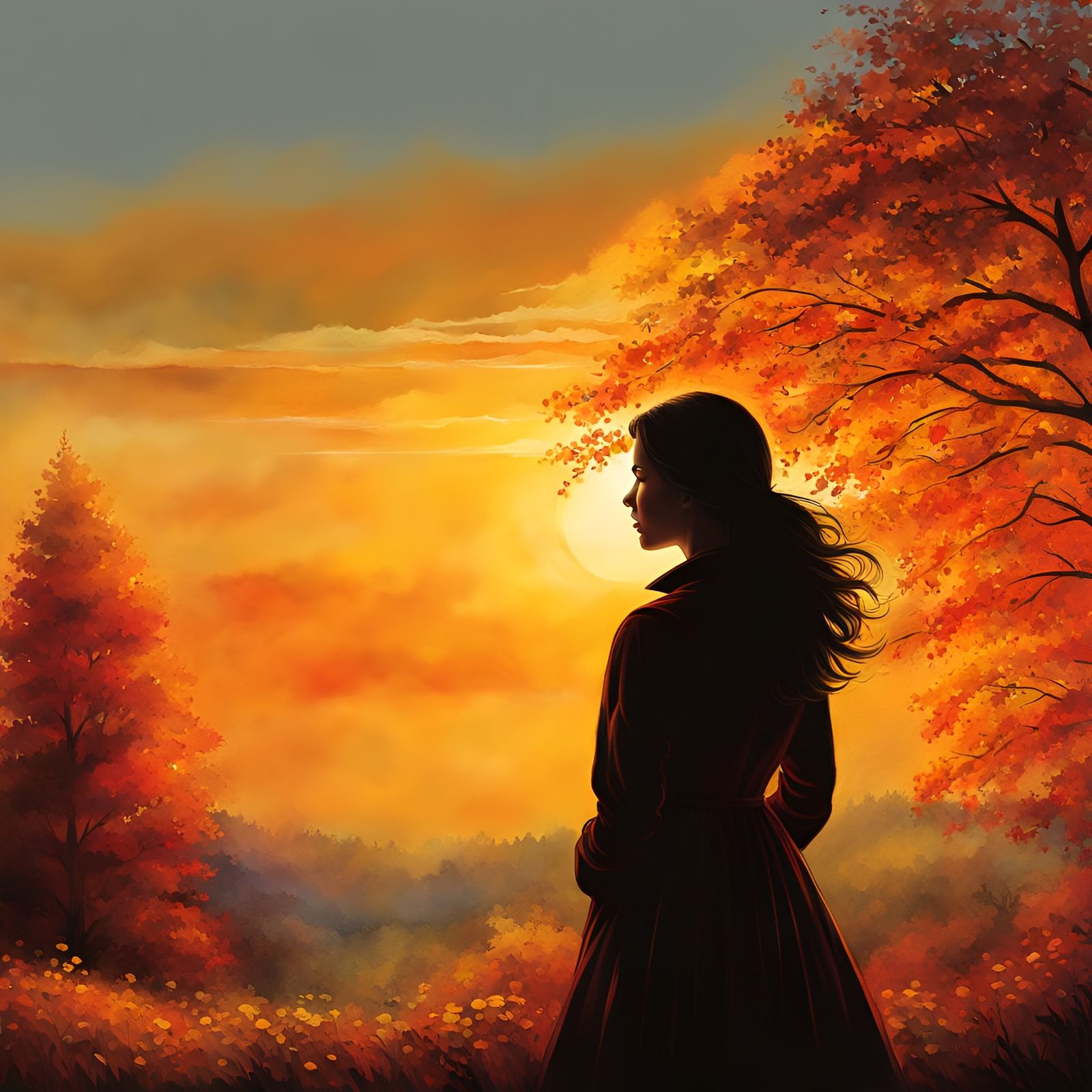Woman's Silhouette at Sunset in Watercolor Style