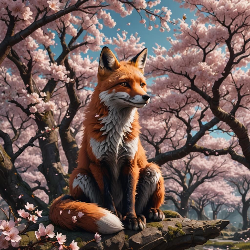 Fox Under Cherry Blossom Tree: Detailed Matte Painting