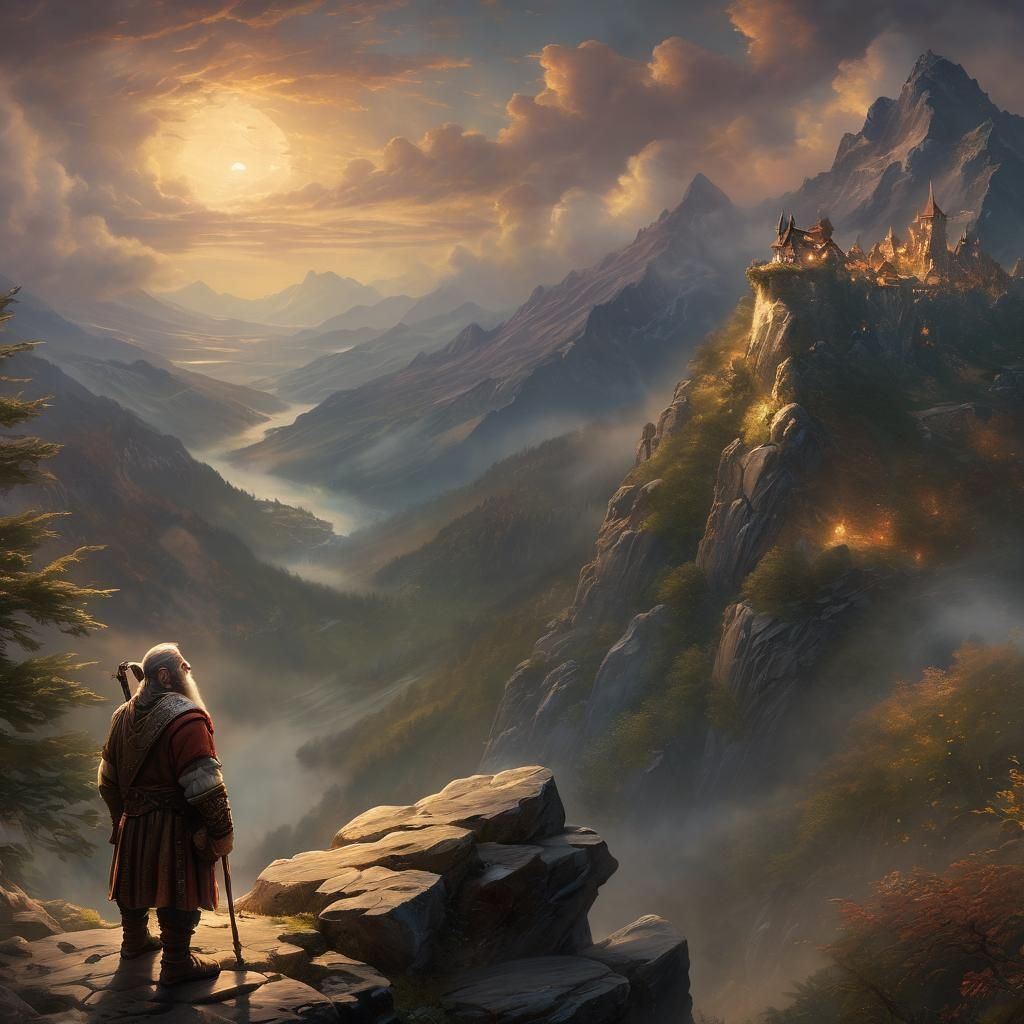 Dwarf on Mountain Peak in Ethereal Light
