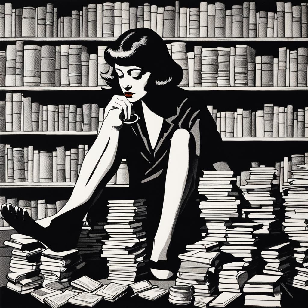Person with Coffee and Books, Pin-Up Style