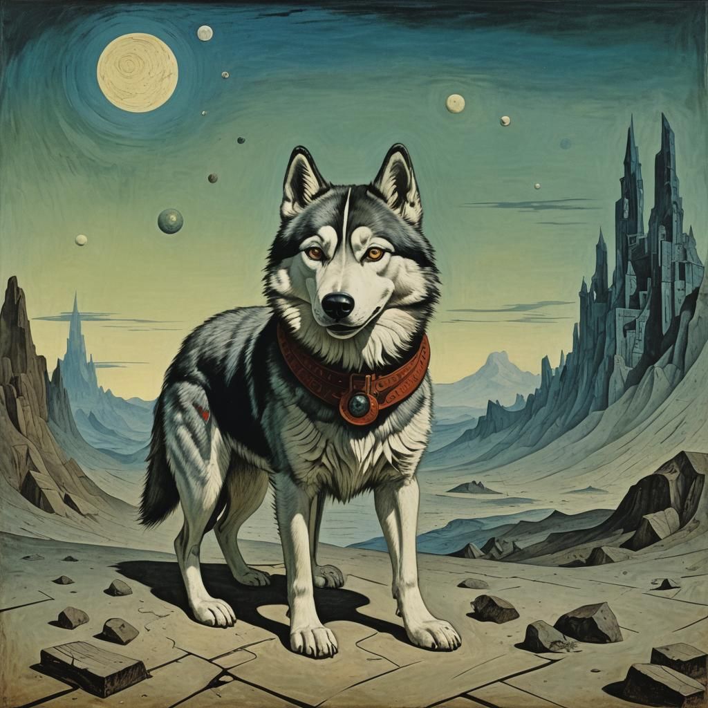 Surreal Husky Wanders Through a Dreamscape