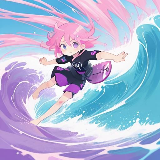 Girl with Pink Hair Surfing: Abstract Art