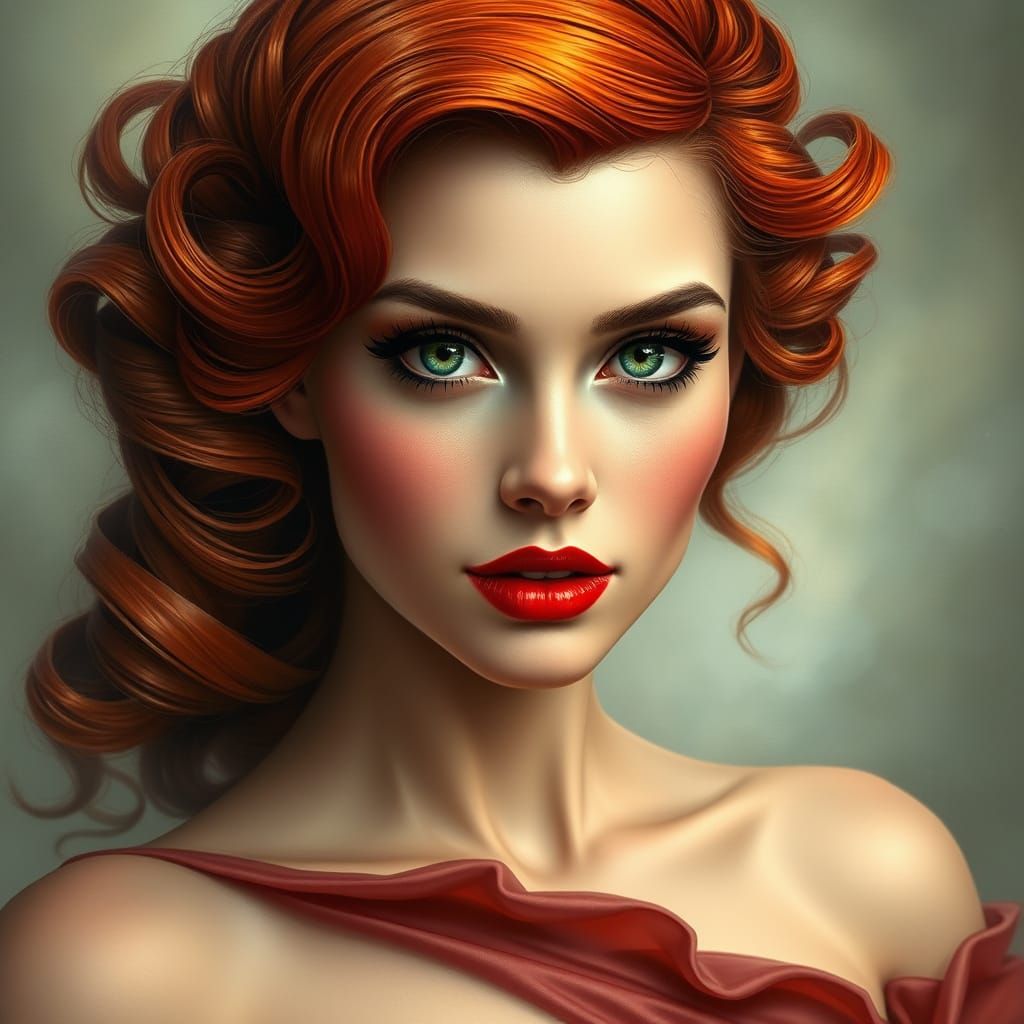 hyper realistic a beautiful woman with an elegant and glamorous appearance. She has striking, red hair styled in vintage...