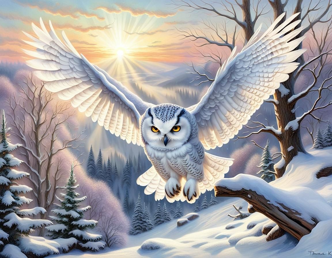 Snowy Owl Landing in Pastel Sunset