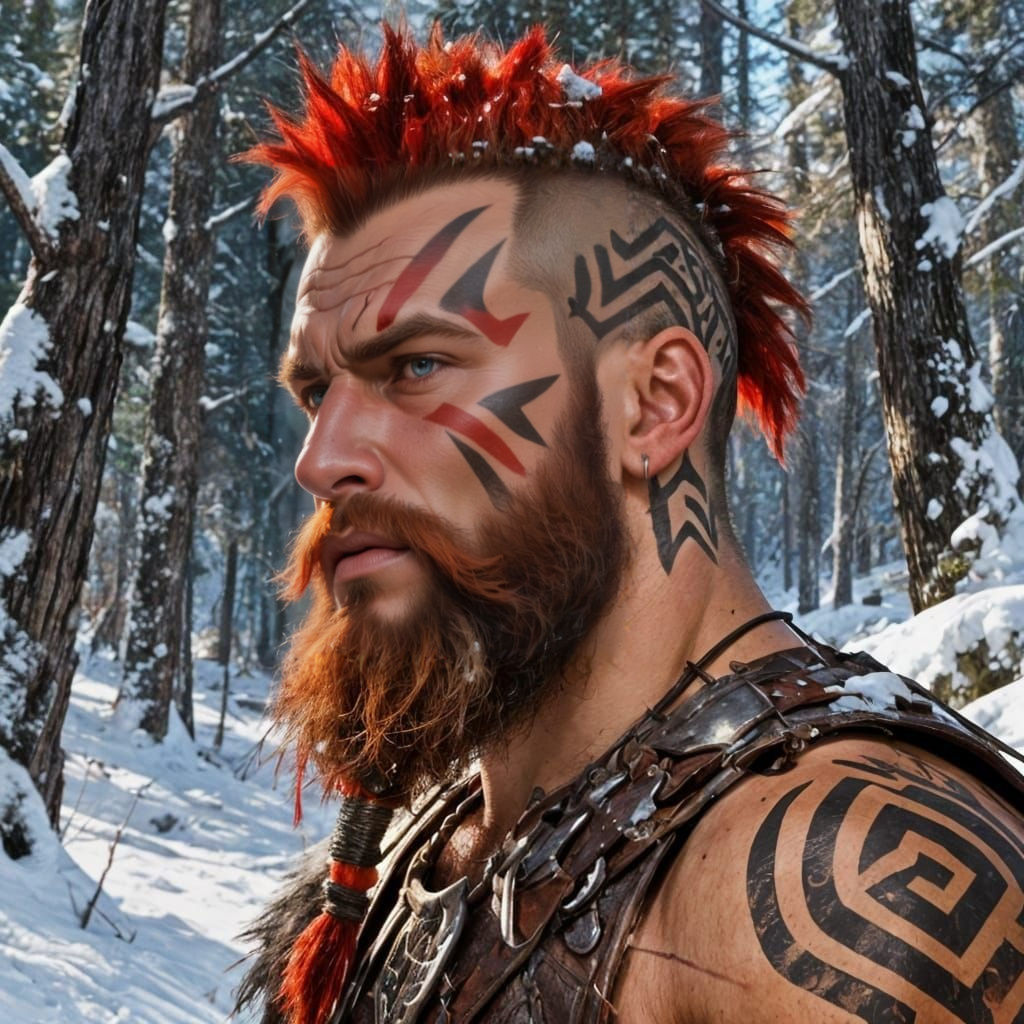 Barbarian Warrior with Red Mohawk in Winter Forest