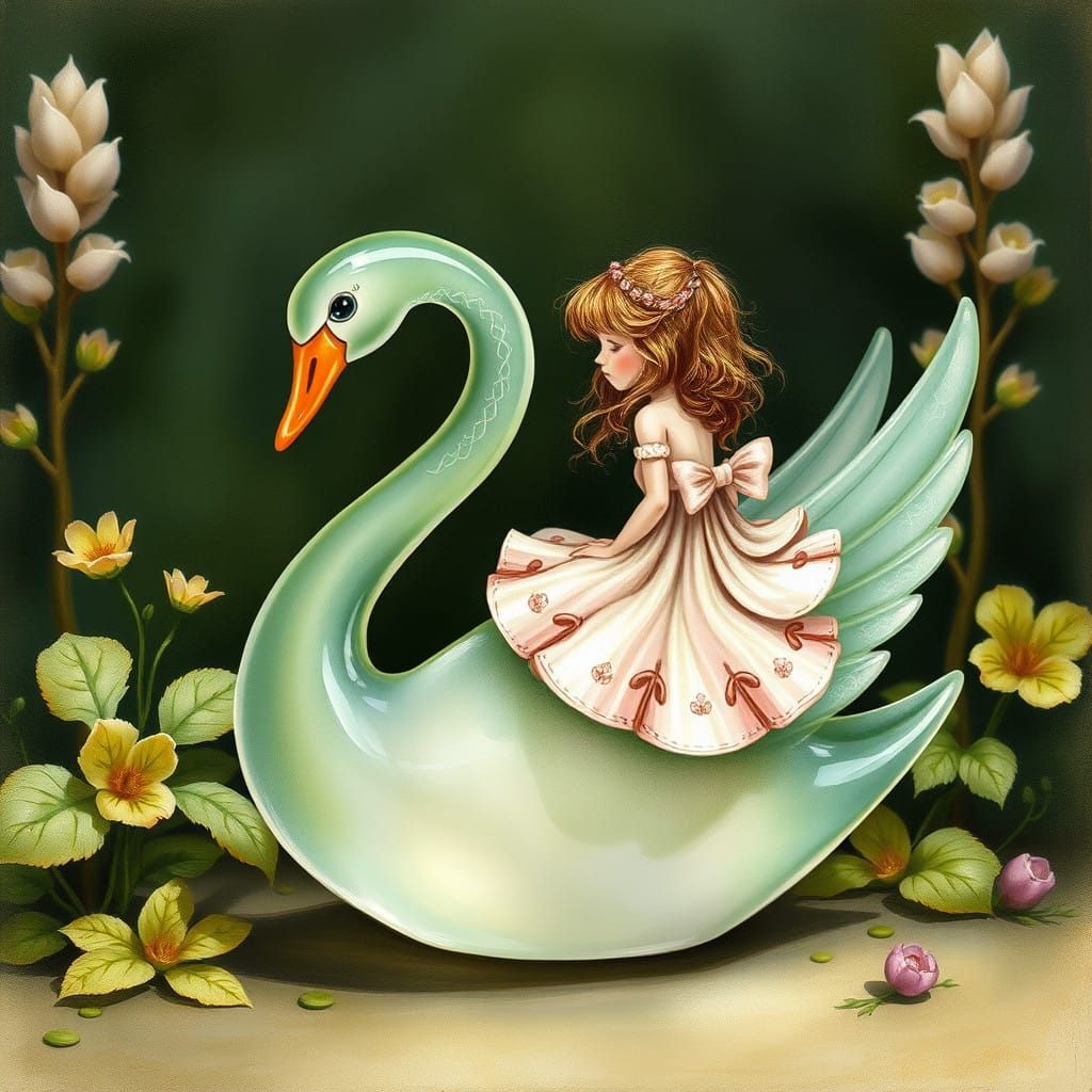 Enchanting Glass Swan Supports a Dreamy Girl in Whimsical Wo...