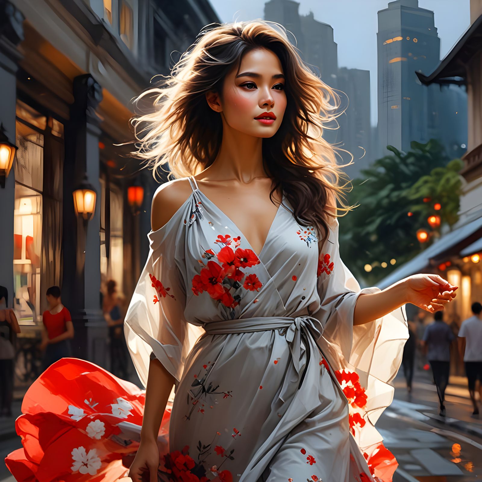 Singaporean Woman in Flowing Dress: Expressionist Painting