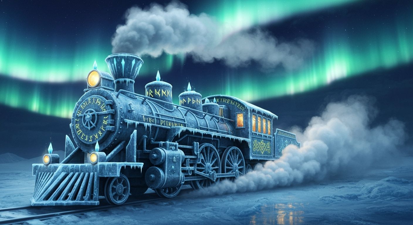 Frosty Nordic Locomotive Under Aurora Borealis