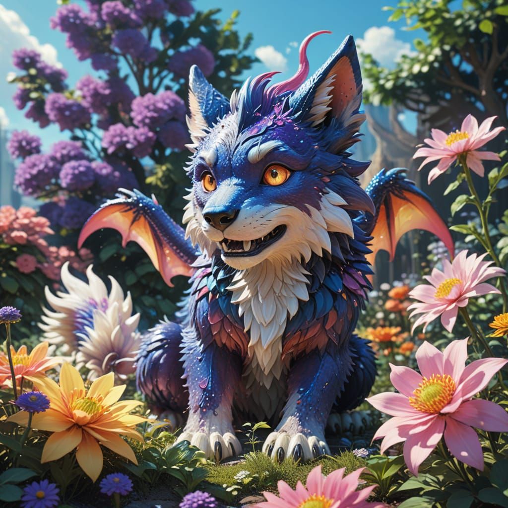 Vibrant Wolf Dragon Puppy Plays in a Flowerbed with Sparklin...