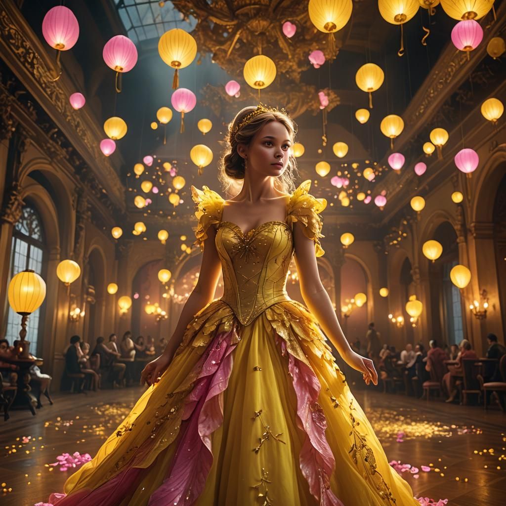 Fairy in Yellow Dress at Grand Ballroom Party