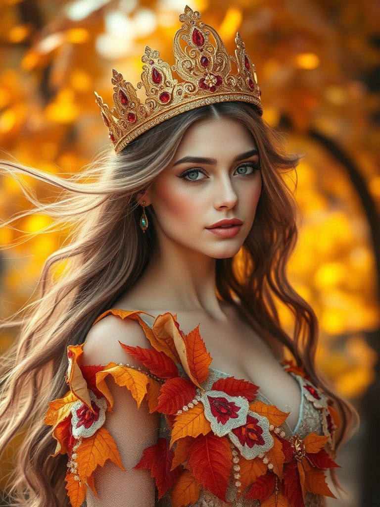 Autumn Queen in Opulent Gown and Crown