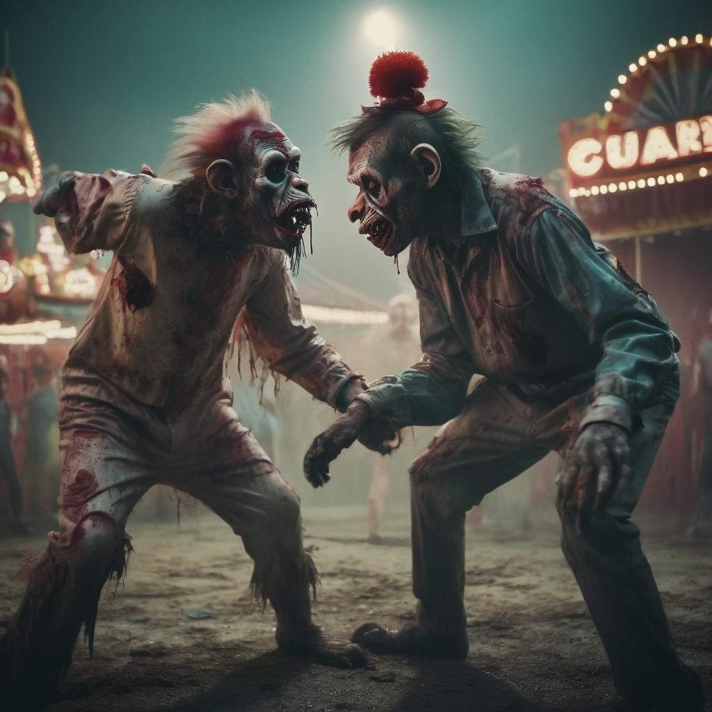 Zombie Monkey Clowns Fight in Carnival, Grungy Film Still