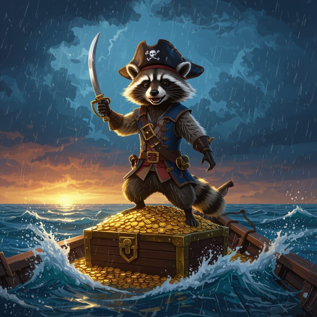 Raccoon Pirate Victorious on Treasure Chest, Digital Art