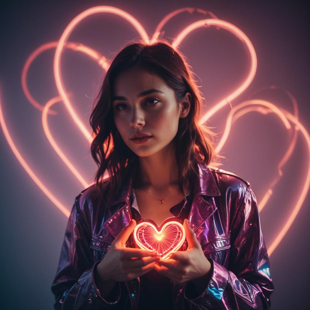 Woman Holding a Neon Heart in Cinematic Style