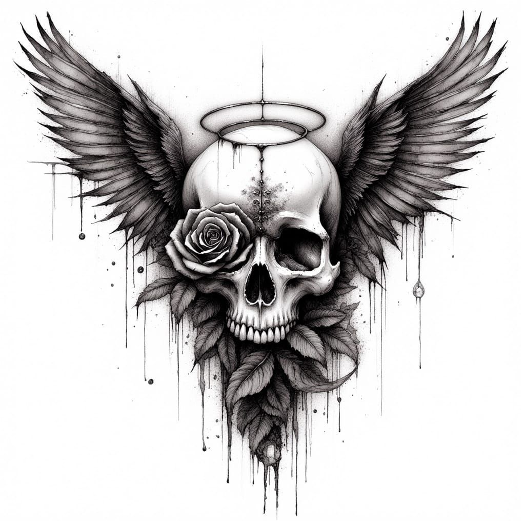 Dark Tattoo Design: Skull, Rose, and Winged Shards