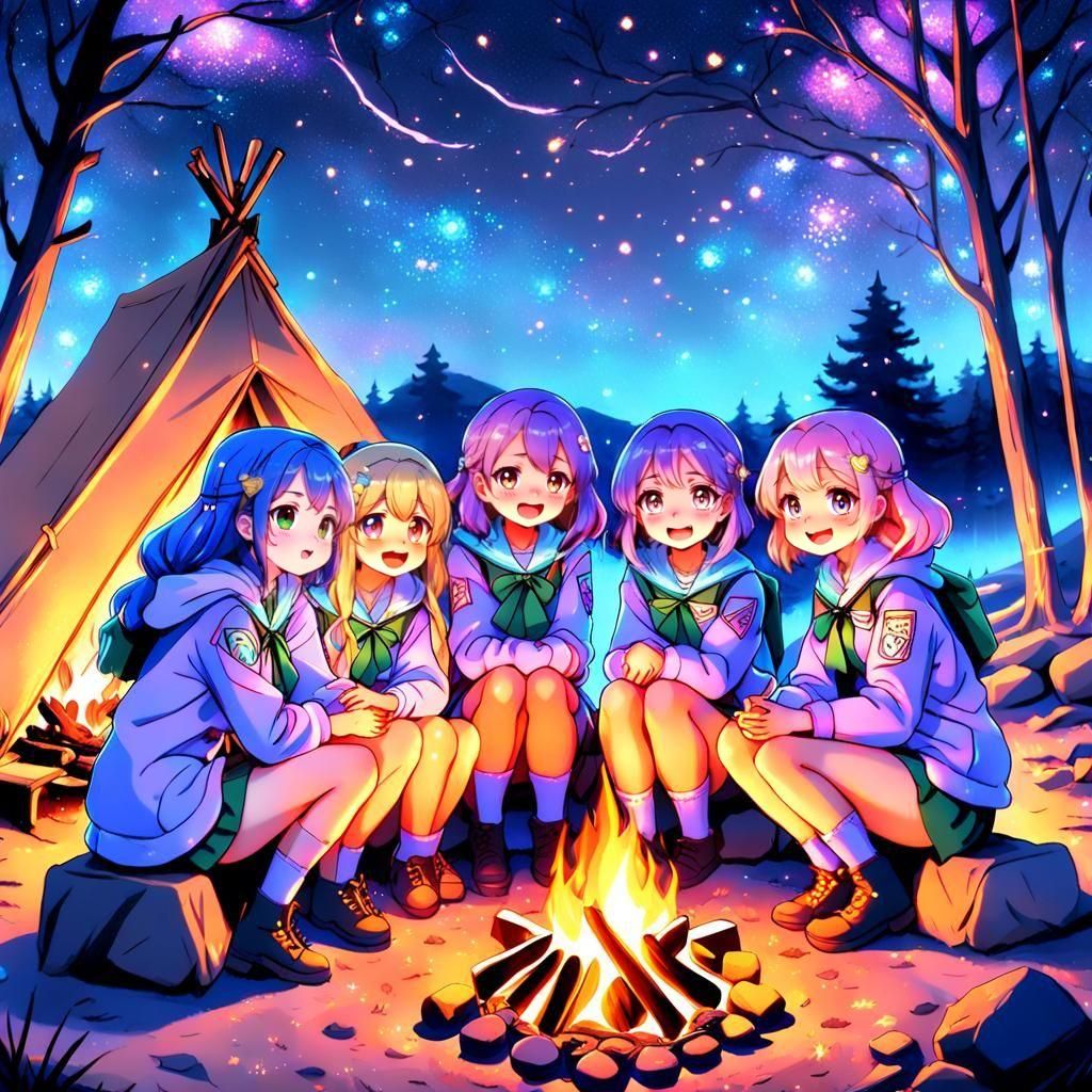 Girl Scouts Campfire: Cute Anime Style Illustration
