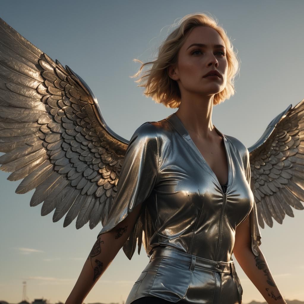 Cinematic Blonde Angel with Silver Wings