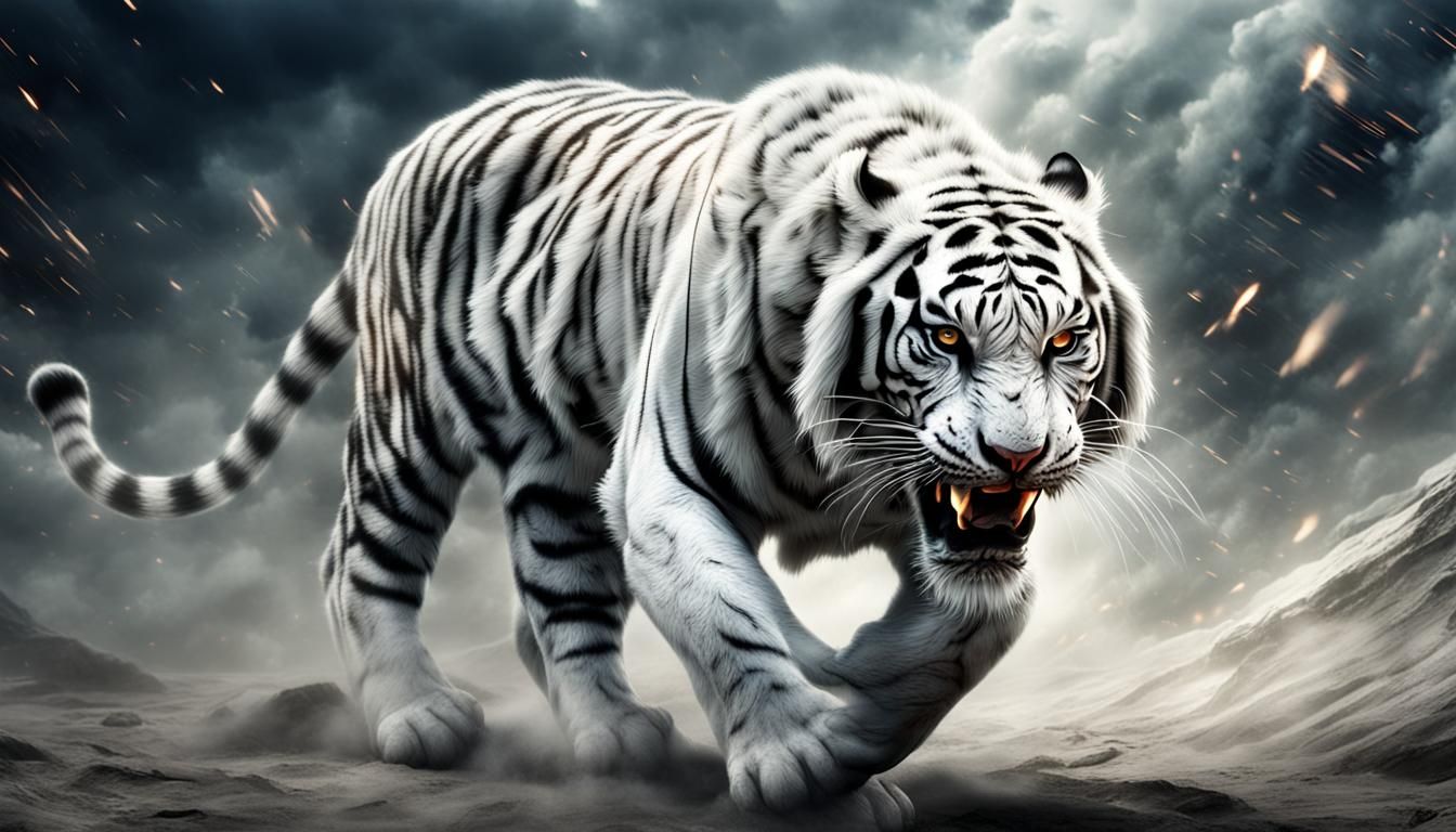Celestial White Tiger Warrior in Hyperrealistic Battle