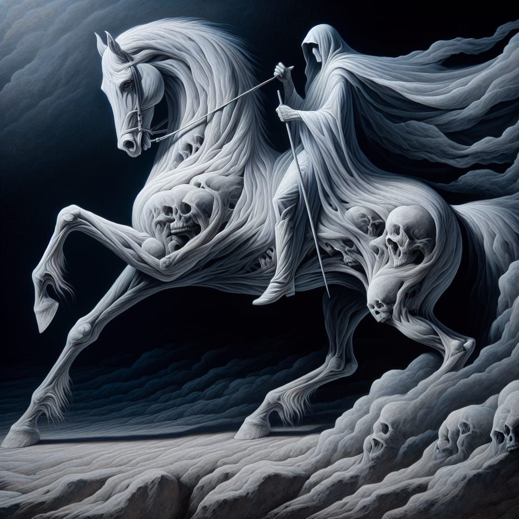 Hyperrealistic Pale Horse with Death Rider in Trompe-l'œil S...