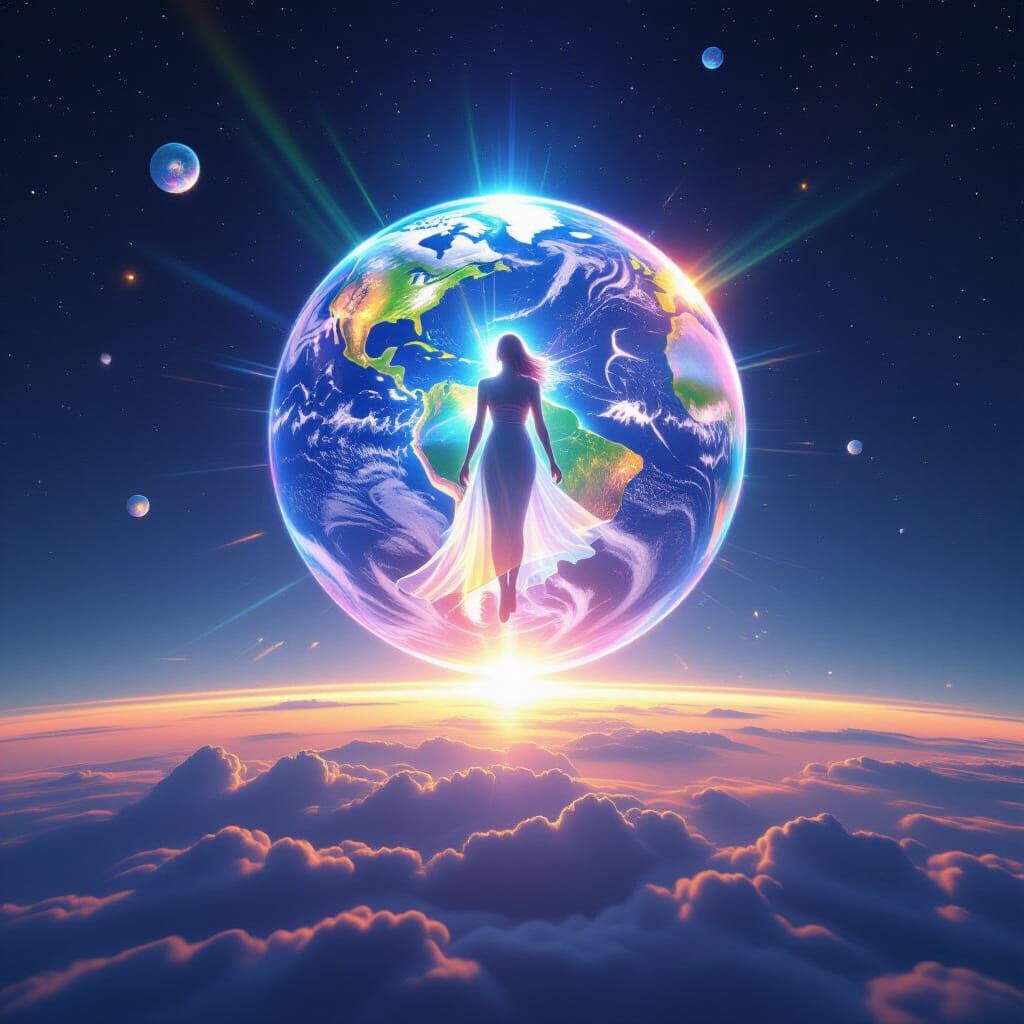 Rainbow Sphere Woman Radiates Light Over Earth